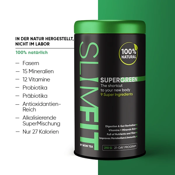 SuperGreen Dose mit Auflistung der Inhaltsstoffe: 100% natürlich